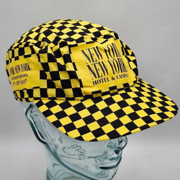 New York New York Hotel Casino Yellow Black Checkered Snapback Hat Vintage - Picture 1 of 10